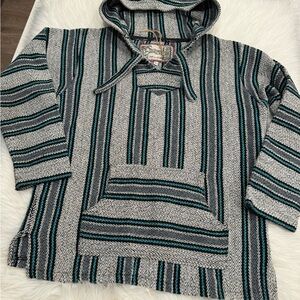 Vintage Drug Rug Miguel Geraldo Saddle Blanket Hoodie Teal Grey Black Stripe XL